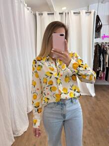 EMERY ROSE Women's Shirt, Casual Lemon Long Sleeved Button Up Shirt, Suitable For Spring And Autumn Fall Cloth For Women - Multicolor - View 1