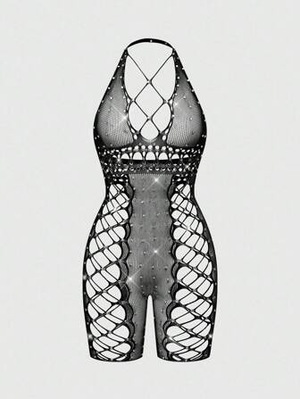 ROMWE Avant Combinaison sexy à la mode avant-gardiste avec décoration de strass en maille très élastique pour femmes