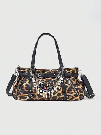 Grunge Punk Borsa a tracolla da donna casual e alla moda, con decorazione teschio leopardato, di grande capacità