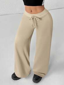 SHEIN PETITE Quần nỉ ống rộng lưng thấp dệt kim trơn thoải mái và giản dị dành cho nữ - Màu Khaki - Xem 5