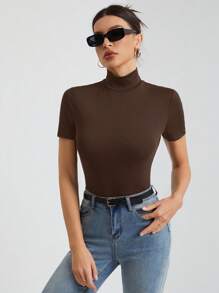 SHEIN Tall Women's Solid Color Basic Black Turtleneck Short-Sleeved T-Shirt - Brown - View 7