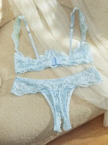 SHEIN 2 件女士花卉蕾丝性感内衣套装（2 件带钢圈）浅蓝色内衣套装蕾丝文胸和内裤套装蕾丝丁字裤套装，外出 - 藍色 - 查看 2