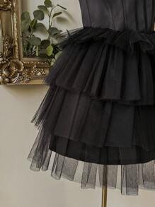 Lovelzi 优雅奢华红色哑光缎面手工水钻缀饰露肩蝴蝶结装饰 A 字褶皱礼服 - 黑色 - 查看 6