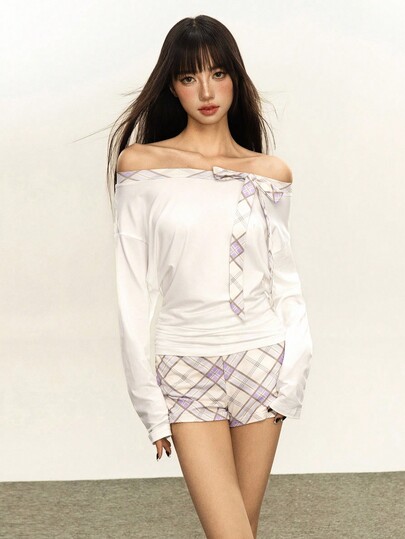 Rina Fox 女士格子撞色拼接蝴蝶结肩带腰部收紧长袖上衣和低腰短裤休闲套装