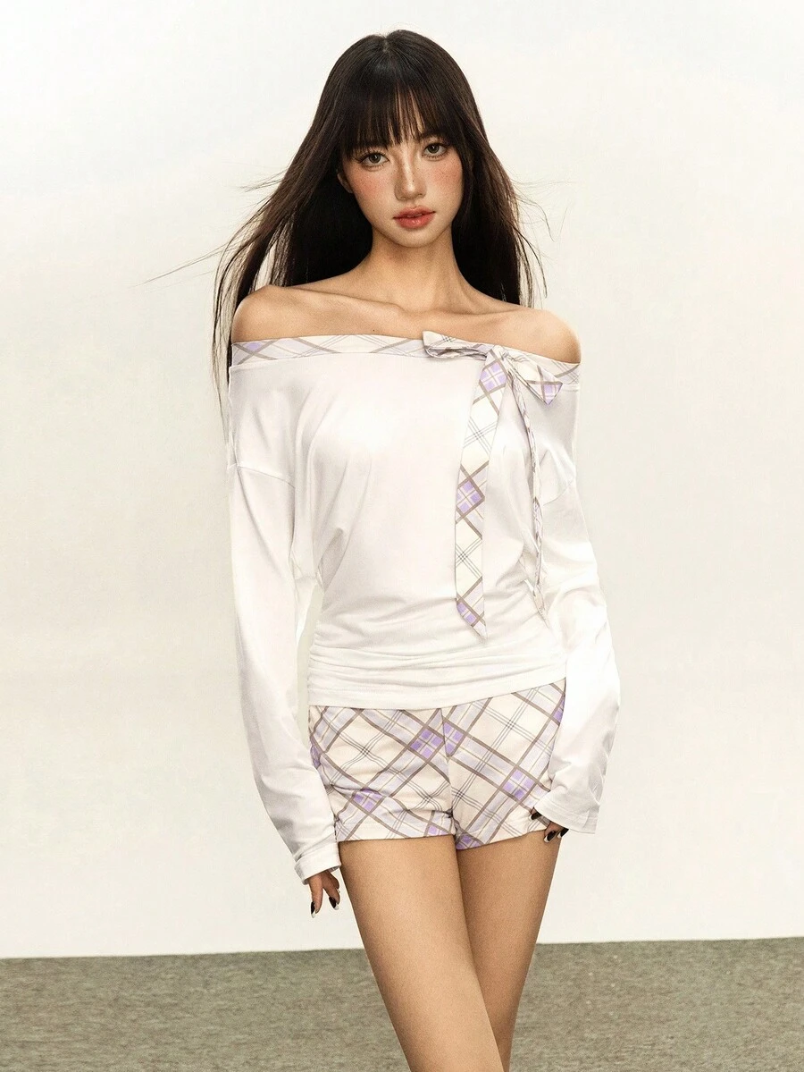 Rina Fox 女士格子撞色拼接蝴蝶结肩带腰部收紧长袖上衣和低腰短裤休闲套装 - 白色 - 查看 1