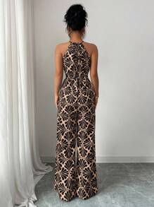 Selianne 女士印花面料束腰连体裤，优雅度假和日常穿着 - 棕色 - 查看 2