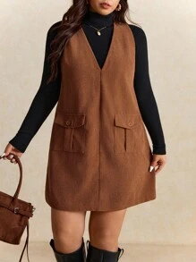 Elaquor Plus Size Women's Solid Color Utility Pocket V-Neck Casual Sleeveless Dress