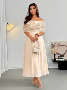 Firerie Plus Size Women's Elegant Delicate Romantic Wedding Guest Party Gown, Textured Fabric Off Shoulder Draped Ruffle Embroidered Mesh Maxi Dress, Summer - Apricot - View 3