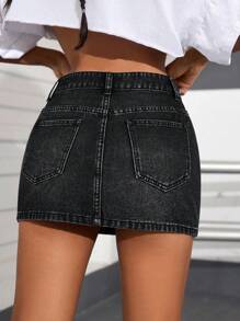 SHEIN PETITE Váy mini denim đa năng thường ngày có túi trang trí cho nữ - màu đen - Xem 2