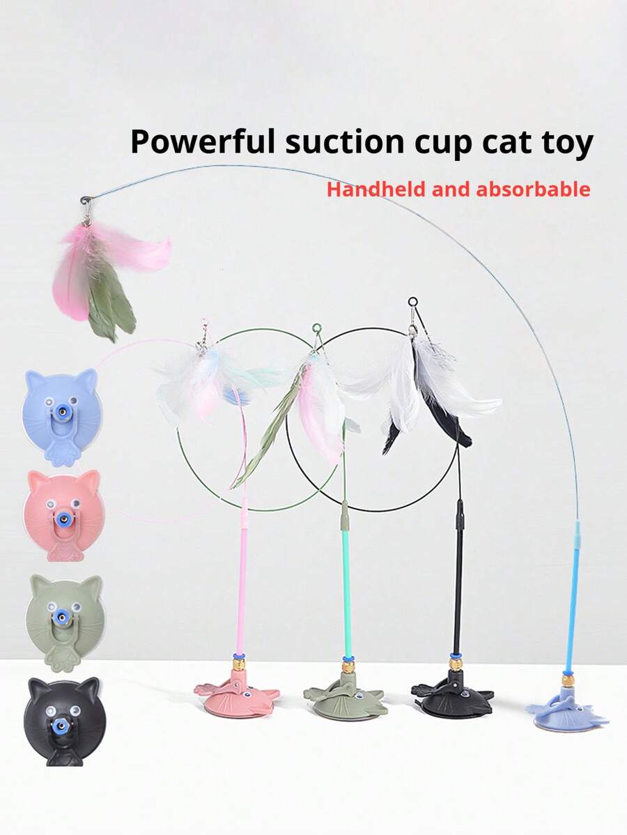 PETSIN 1 Powerful Suction Cup Cat Toy With A Cute Cat Head Shape, Self-Entertaining And Amusing For Cats, Detachable, Can Be Held, Can Ads A Long Rod Steel Wire Cat Toy, Replaceable Feather With Bell Pet Toy, Cat Toy, Pet Supplies - Multicolor - View 1