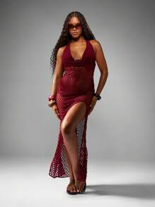MISSGUIDED Crochet Beach Cover Up Dress Cowl Neck Halter Maxi Resort Wear Holiday Beach Dress See Through Net Cover Up Swimsuit - Red - View 1