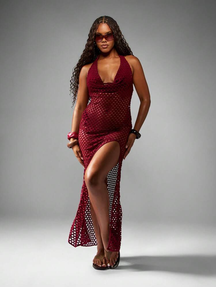 MISSGUIDED Robe de plage au crochet, col bénitier, cache-maillot de plage maxi à franges, tenue de vacances, robe de plage transparente en filet