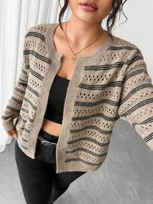 Elenzga Women's Plus Size Khaki Striped Knitted Cardigan,Smart Casual Round Neck Open Knit Crop Top For Autumn Vacation Winter,Fashionable Versatile Jacket - Camel - View 6