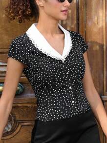 lacRébo Vintage-Stil Bluse mit Knopfleiste und Polka-Punkt-Muster, Kontrast-Weißer Kragen, Business-Lässig-Top für Herbst - Verschiedenfarbig - Übersicht 4