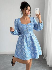 Elenzga Váy dài tay vải jacquard kiểu Pháp thường ngày cỡ lớn dành cho nữ, mặc dự tiệc - Màu xanh lam - Xem 1