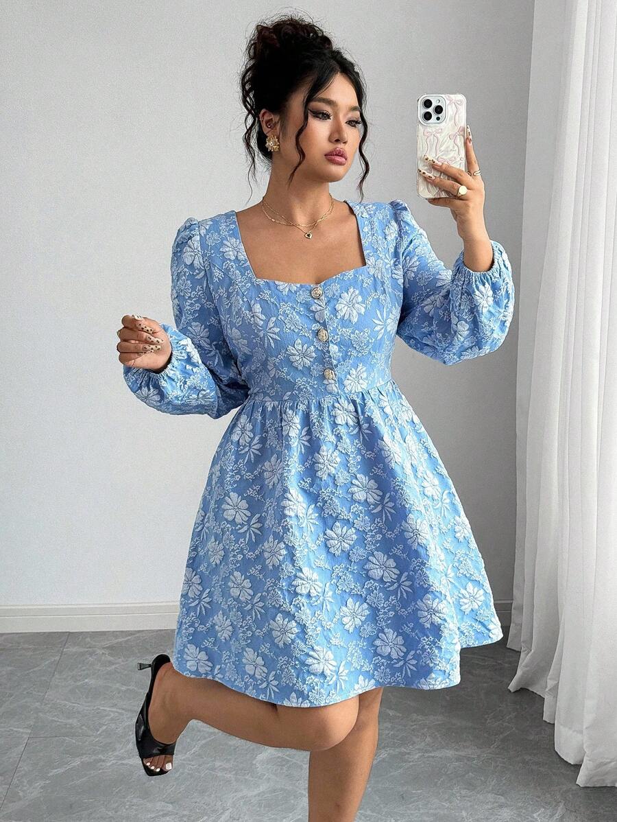 Elenzga Váy dài tay vải jacquard kiểu Pháp thường ngày cỡ lớn dành cho nữ, mặc dự tiệc - Màu xanh lam - Xem 1