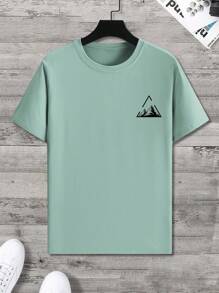 Manfinity Homme 大码男士几何山地印花圆领短袖休闲 T 恤，夏季 - 綠色 - 查看 2