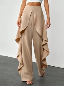 EURMUSE Quần dài cạp cao có khóa kéo, xếp nếp, dáng rộng thoải mái/thanh lịch cho kỳ nghỉ hè - Màu be - Xem 4