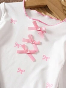 SHEIN Baby Girls' Fashion Bow Print Long Sleeve Ruffled Top, Spring & Autumn - Multicolor - View 2