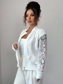 Elenzga Women's Elegant Versatile Loose Stand Collar Patchwork Thick Lace Jacket, Autumn/Winter - White - View 6