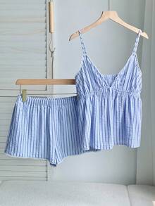 Comfortcana Casual Vacation Striped V-Neck Ruffle Camisole And Shorts 2 Pieces Set Striped Set Beach Women Summer Sets - Blue - View 3
