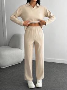 SHEIN Tall Großgrößen-Set mit Oversized T-Shirt mit Umschlagkragen und Hose - Beige - Übersicht 4