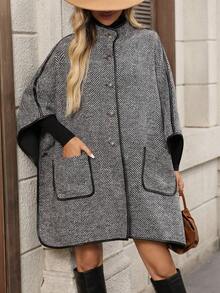 EMERY ROSE 女士人字纹单排扣蝙蝠袖宽松时尚大衣，秋季外出冬季外套 - 灰色 - 查看 8