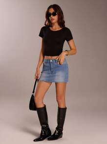 SHEIN Forever 21 Váy mini denim xanh nhạt thường ngày có túi cho nữ - Rửa nhẹ - Xem 6
