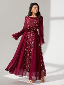 Modelyn Váy xòe tay dài bằng vải chiffon thêu lưới chắp vá dành cho nữ - Màu Đỏ Sâu - Xem 4