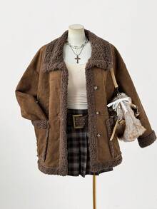 Sweetra Plus Size New Elegant Deer Velvet Thermal Lined Reversible Long Sleeve Short Jacket For Women, Thickened Double-Sided Wear Coat, Winter Fall Autumn