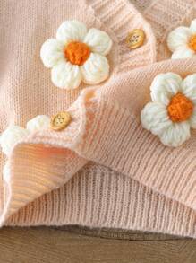 SHEIN New Fashionable Versatile Cute Floral Young Girl Cardigan Sweater With Flower Applique Fall Winter - Coral Pink - View 7