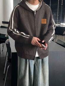 DAZY Men's Zip-Up Hoodie Cardigan With Brown Patch, Autumn Jacket - Brown - View 5