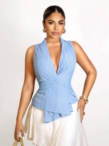 Sirith Minimalist Sleeveless Blouse 2025: Slim Fit Criss Cross V-Neck Top - Office To Outing Summer Wear - Baby Blue - View 5
