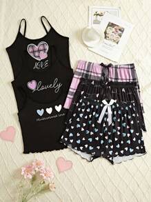 SHEIN 3件套字母和心形印花吊带背心和短裤睡衣套装