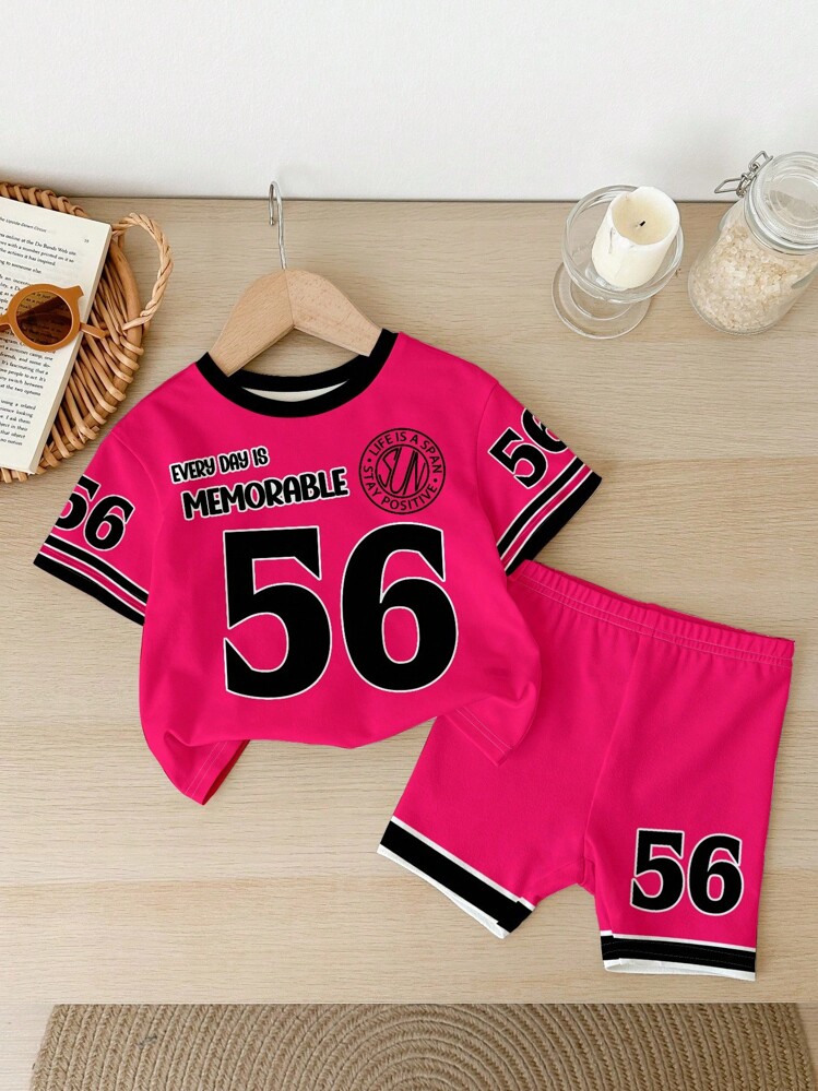 SHEIN 2 件/套女孩休闲运动风格服装，包括：短袖 T 恤，印有“Girls Trip”文字、数字 56 印花、“Every Day Is Memorable”标语、袖子色块设计；配套骑行短裤，适合夏季、运动、健身、休闲外出和社交活动 - 彩色 - 查看 2