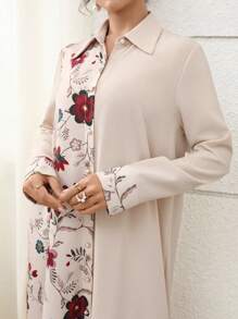 Al Najma 女士优雅浪漫拼布印花长袖阿拉伯风连衣裙 - 杏色 - 查看 5