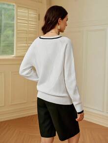 SHEIN Clasi Women's V-Neck Loose Knit Sweater, Patchwork Design, Casual Style, Suitable For School, Thanksgiving, Autumn/Winter - White - View 2