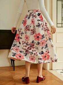 SHEIN Clasi 女士花卉印花褶皱复古优雅半身裙，适合外出、通勤、日常穿着、感恩节、返校、教师、秋季 - 彩色 - 查看 2