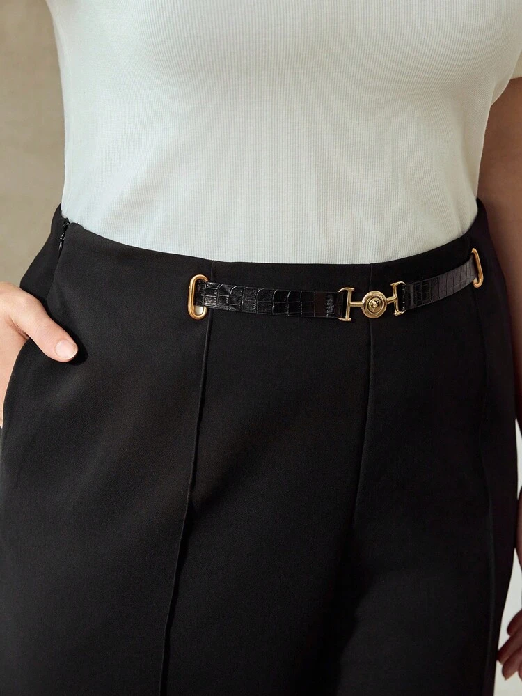 PLUS SIZE SOLID BUCKLE WAIST SLANT POCKET SEAM FRONT WIDE LEG SUIT PANTS