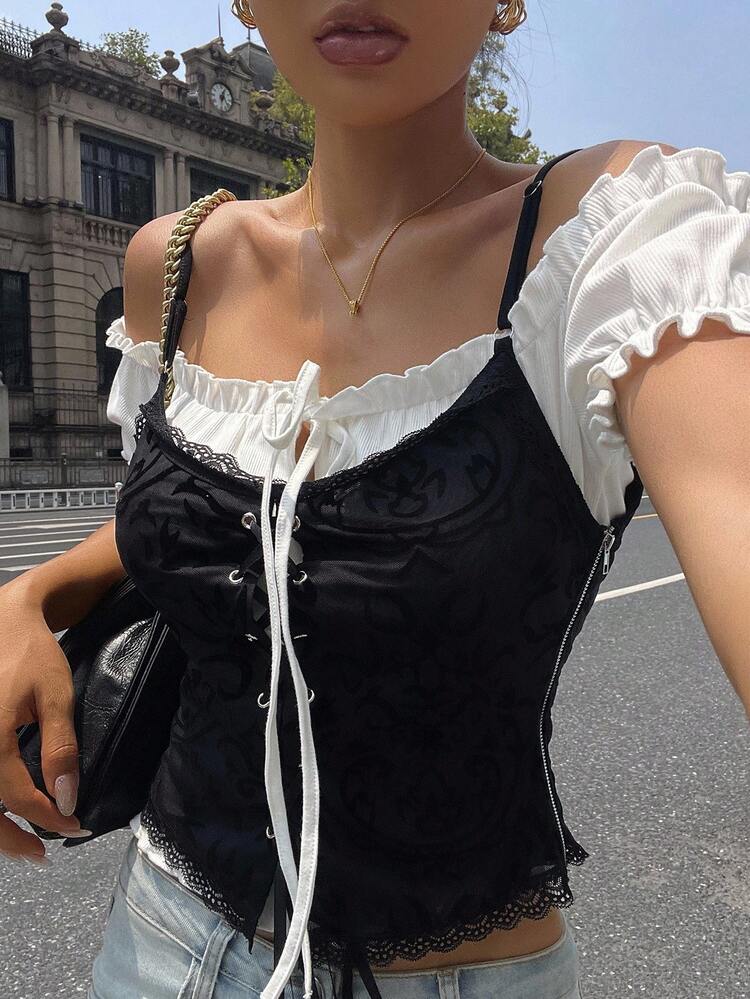 2pcs Women Leopard Print Camisole And Frill Off Shoulder Top Set