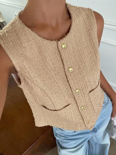 DAZY Casual Vintage Coin Sleeveless Jacket, Solid Color Round Neck Fitted Women Coat, Autumn Vest