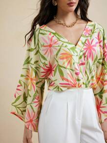 Miriam Omar Multi Floral Printed V Neck Tie Back Flared Sleeves Summer Bodysuit Women Casual Vacation - Multicolor - View 7