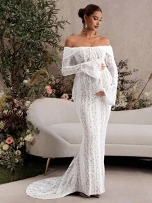 MaterniChic Vestido elegante con hombros descubiertos, mangas acampanadas y cola de pez para mujeres embarazadas