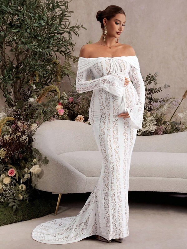 MaterniChic Vestido elegante con hombros descubiertos, mangas acampanadas y cola de pez para mujeres embarazadas