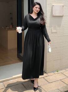 Dazy Plus Đầm maxi dài tay ôm sát, cổ xếp ly, màu trơn, co giãn, dành cho nữ, mùa thu/đông. - màu đen - Xem 5