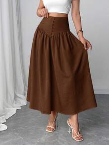 Firerie 新款休闲百搭轻薄仿亚麻喇叭裙，夏日度假波西米亚风优雅休闲裙 - 棕色 - 查看 6