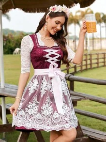 Firerie 女士优雅的慕尼黑啤酒节蕾丝边方领交叉系带可拆卸蕾丝围裙 A 字短款酒红色连衣裙、连衣裙