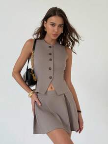 Aloruh Solid Color Round Neck Front Button Sleeveless Top And Mini Skirt Elegant 2 Pieces Set In Fall/Winter