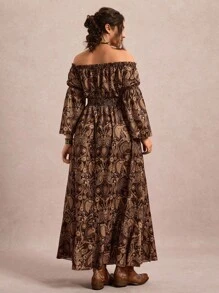 Freevana Váy dài tay trễ vai in họa tiết cổ điển cỡ lớn - Nhiều màu - Xem 2