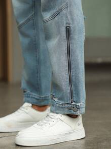 Manfinity Homme Light Wash Straight Leg Patchwork Zipper Denim Jeans, Casual Street Style, Spring/Summer - Blue - View 3